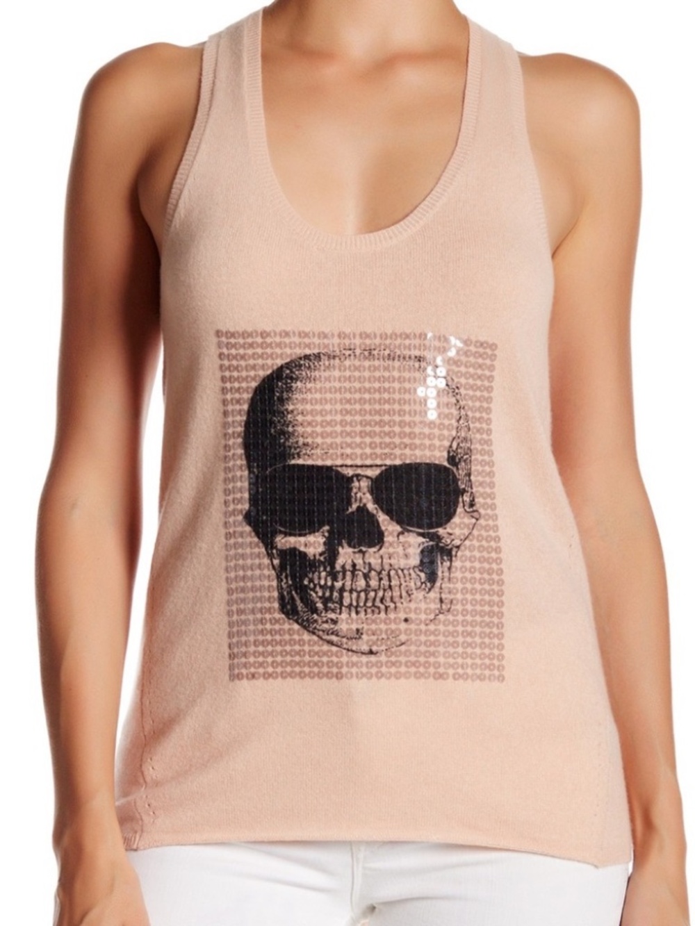 Skull Cashmere Peachy Pink Cashmere Tank with Sequin Skull - Small